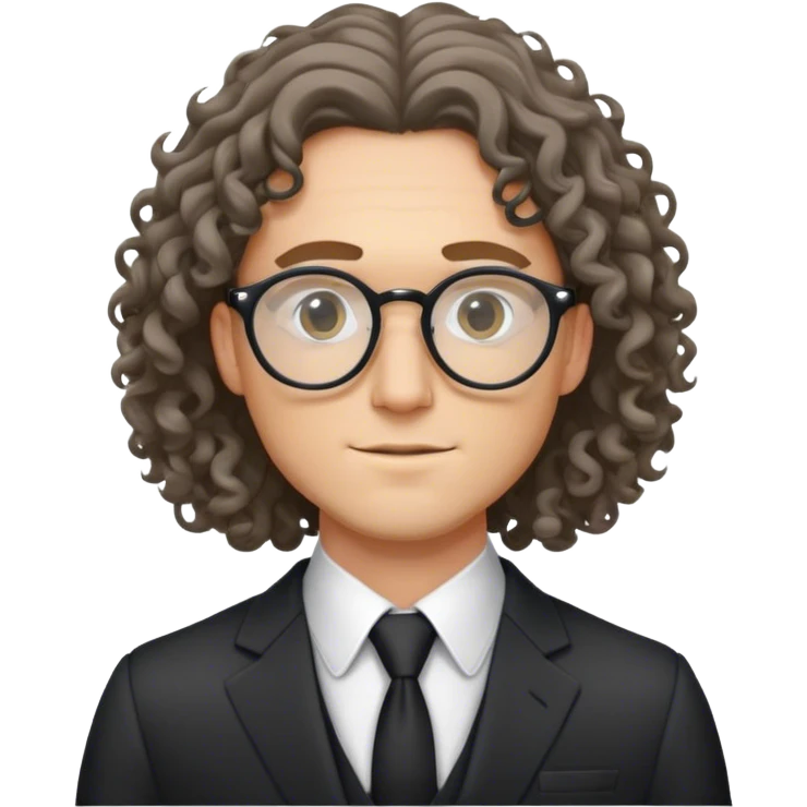 handsome white man with long curly hair in a suit wearing round glasses emoji