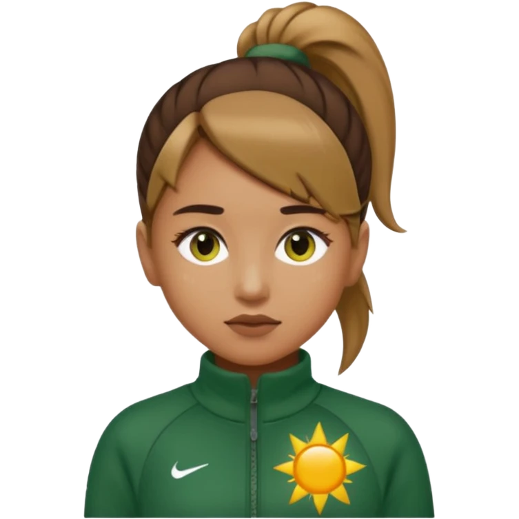 ​"A high-resolution mosaic of a girl with determined eyes and a high brown ponytail, meticulously crafted from thousands of tiny emojis."
​"The art captures her forest-green tracksuit and a sun-drenched, blurred background using creative emoji shading." emoji