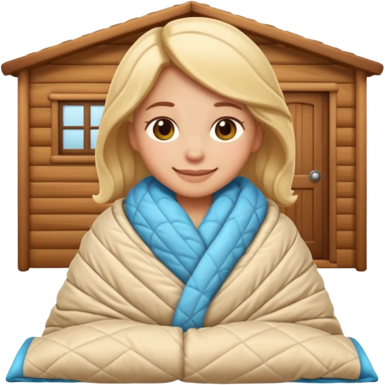 Create an iOS‑style emoji of a girl wrapped in a thick quilted blanket, smiling calmingly with a relaxed, cozy cabin vibe and soft lighting. emoji