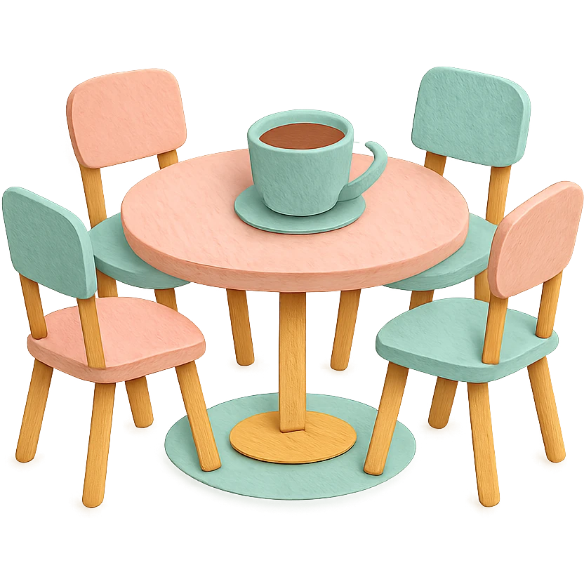 coffee shop table and four chairs, soft pastel hand-drawn illustration emoji