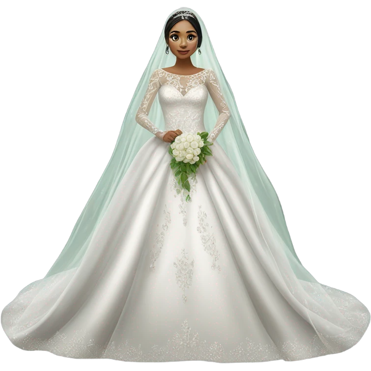 Hyper Realistic ornate ballgown long sleeve Wedding dress with diamanté on Russian bride with green eyes and long black hair with veil hyper realistic  emoji