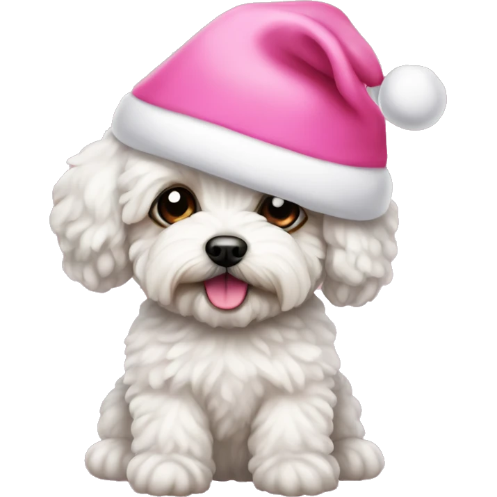 A maltipoo in a pink Santa hat emoji