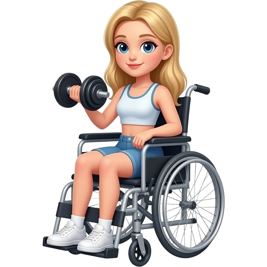 Criar uma moça loira cabelo compridosegurando um peso de academia, na cadeira de rodas emoji