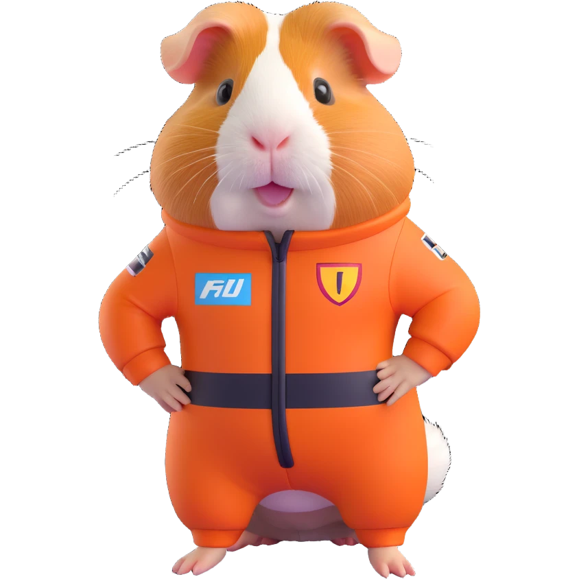 adorable full-body guinea pig dressed in a Formula 1 racing suit, cheerful expression, no helmet emoji