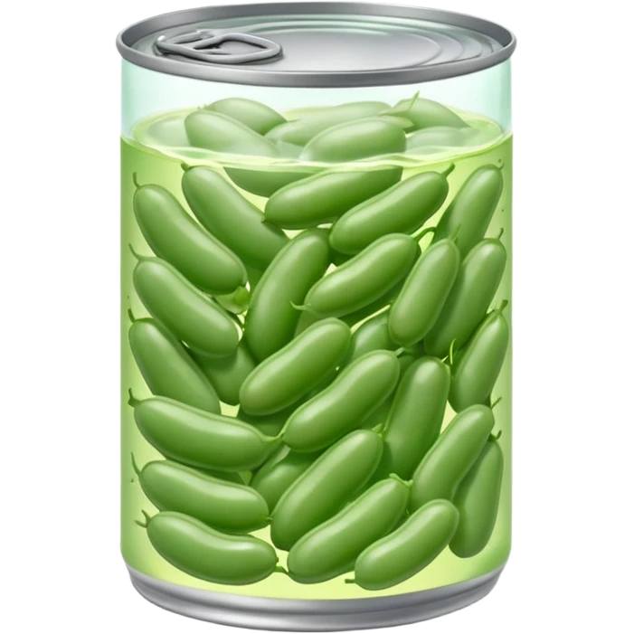 open metal can with pale green oval beans in clear liquid, no label or extras, soft lighting, subtle shadows, emoji scale emoji