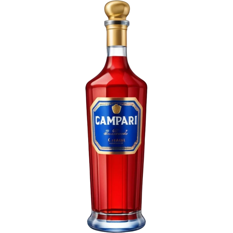 A tall red Campari bottle with a gold cap, bold blue-and-white label, and textured ridged glass at the bottom. Glossy, elegant, iconic look. emoji