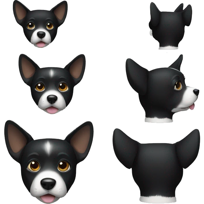 black dog, one ear up and one down, white muzzle emoji