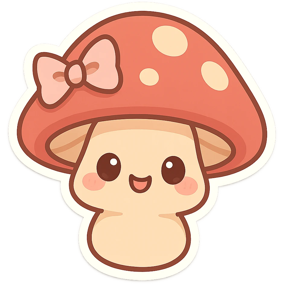 chibi sticker-style mushroom with a bow, cute and exaggerated emoji