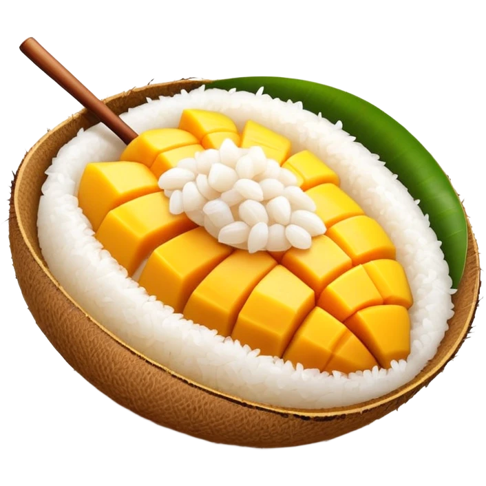 cinematic-realistic-mango-sticky-rice-dessert-emoji,-showcasing-sweet-sticky-rice-paired-with-ripe-mango-slices-and-coconut-milk-rendered-with-lifelike-detail-and-warm,-inviting-lighting emoji