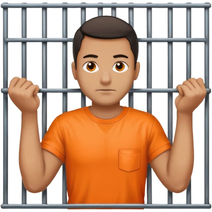 prisoner with orange shirt, metal bars in front of him and he touches the bars emoji