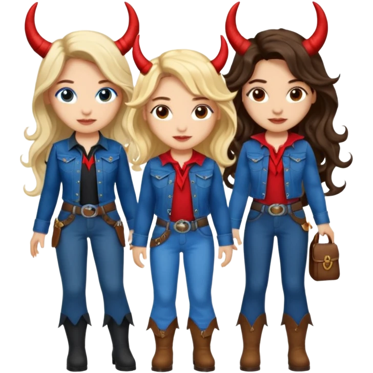 Three women with devil fairy horns, brown eyed light skin with dark blonde long hair and Brown eyed light skin black long wavy hair and blue eyed light skin long blonde hair wearing cute wrangler outfits emoji