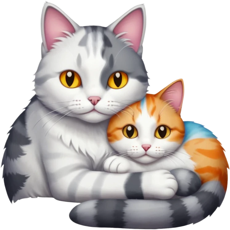 big grey and white cat cuddling a colourful light patched calico + white tabby cat emoji