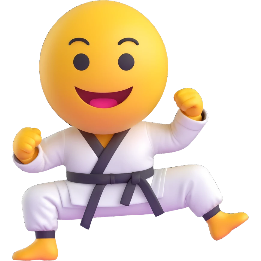 3D smiley emoji, round shape, wearing karate uniform, sporty face emoji