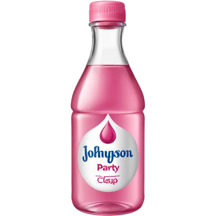 realistic Johnson and Johnson style bottle pink cap pink label clear bottle with berry party written on the logo with diddy logo leaking oil from the top emoji