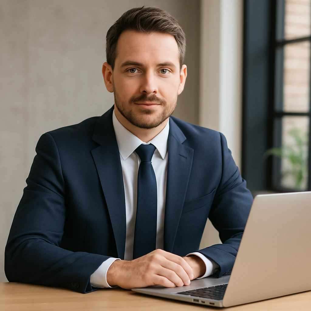 A 35-year-old male business coach sitting at a table with a laptop, professional and confident emoji