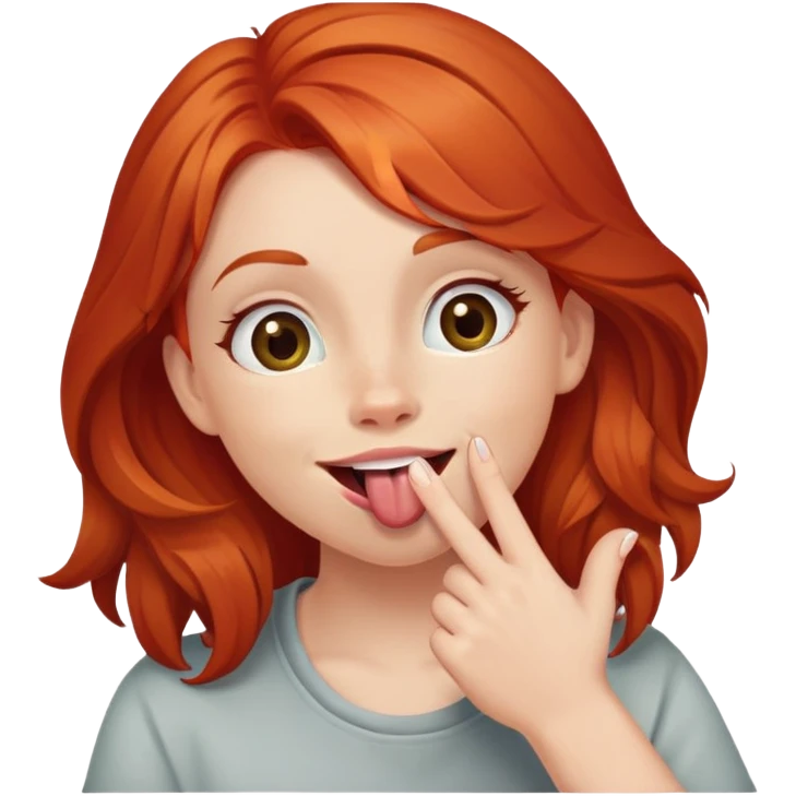 The redheaded girl smiles with her tongue out and holds her hand near her mouth with a gesture that rocks emoji