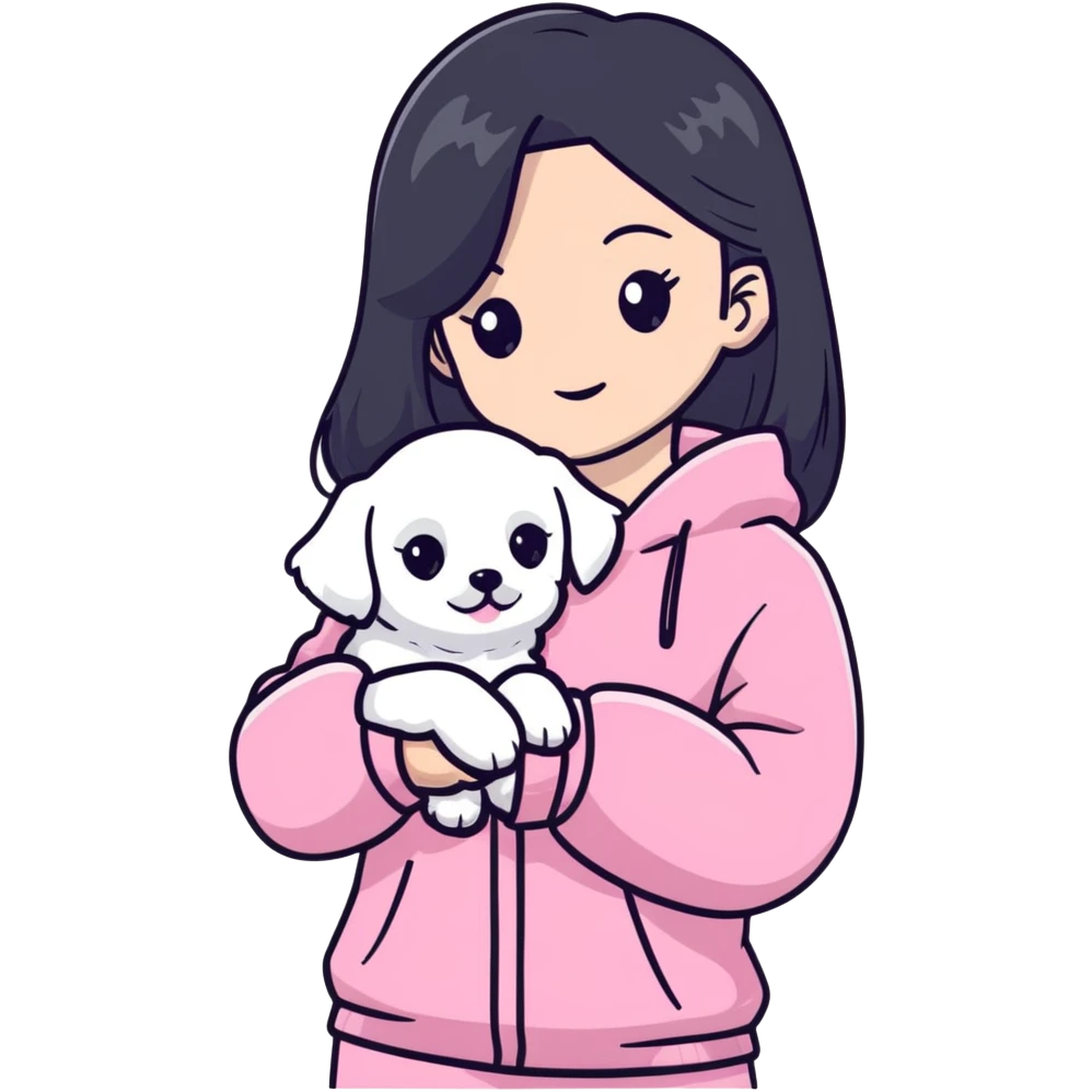 beautiful young woman with long straight black hair wearing pink clothes and holding a small white Maltese puppy emoji