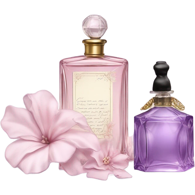 Aesthetic showcase of light pink stock flowers, a vintage-inspired violet perfume bottle, an emotional love note, and a purple silk bookmark. emoji