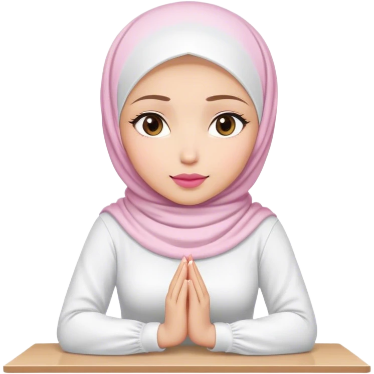 white hijab women are listening with her hands folded on the table. Her outfit is white. Her lips color is pink. emoji
