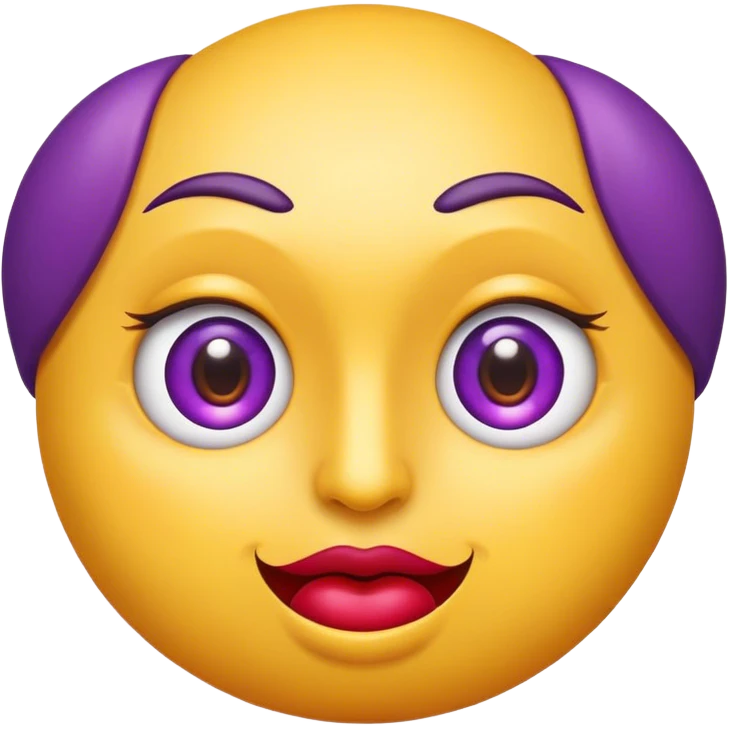 Une tête d'emoji ronde et jaune avec des grands yeux très maquillés avec du fard à paupiere violet et une bouche pulpeuse rouge emoji