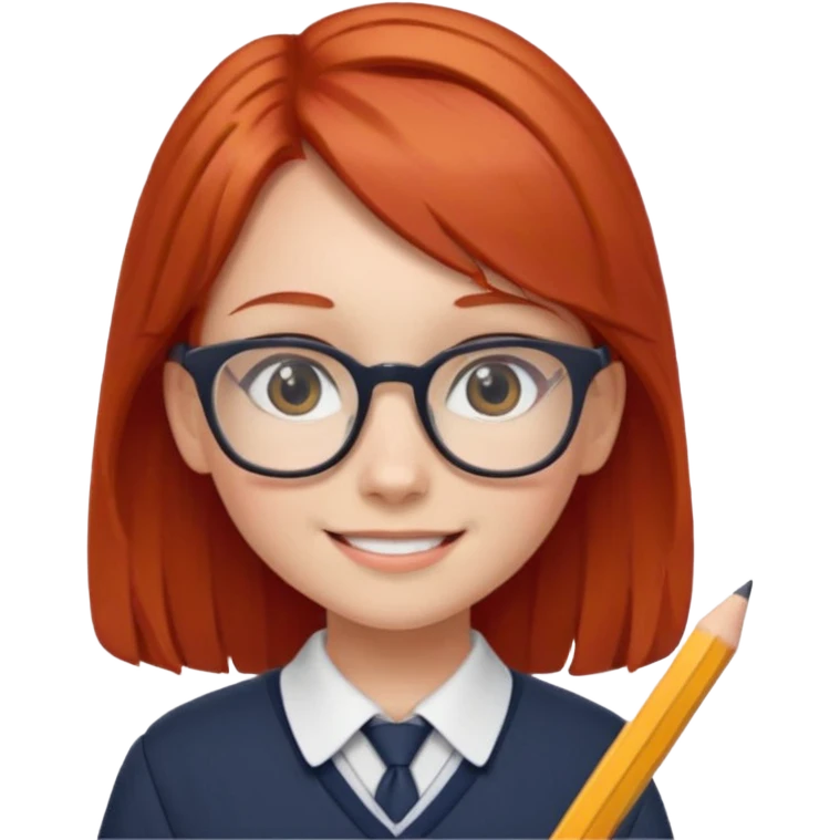 red hair girl kid with glasses → holding a pencil with school uniform emoji