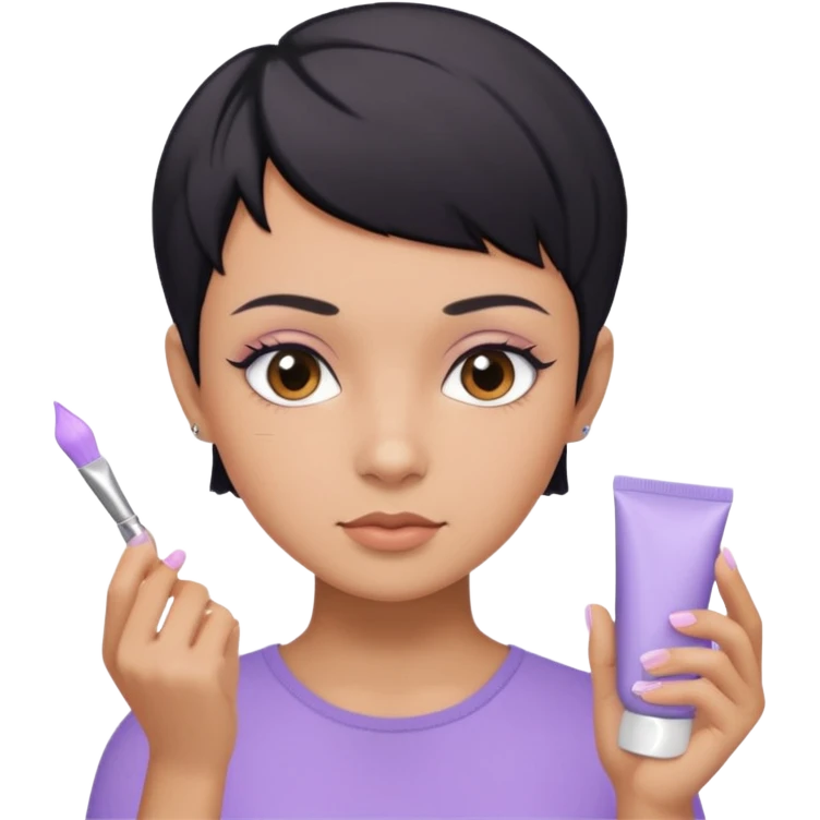 tan girl with pastel purple shirt with black hair & a pixie, doing her skin care emoji