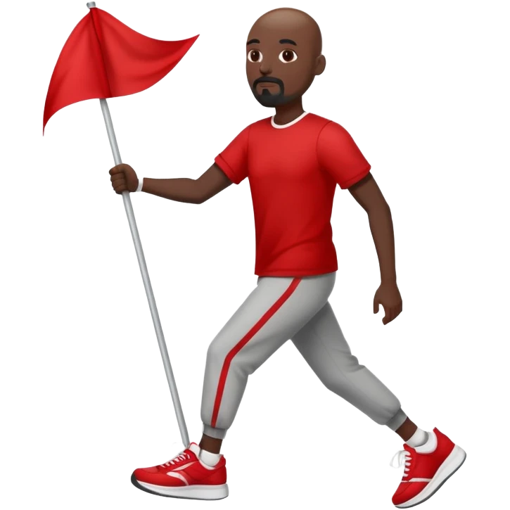 Bald black man with a white goatee in sneakers carrying a red flag emoji