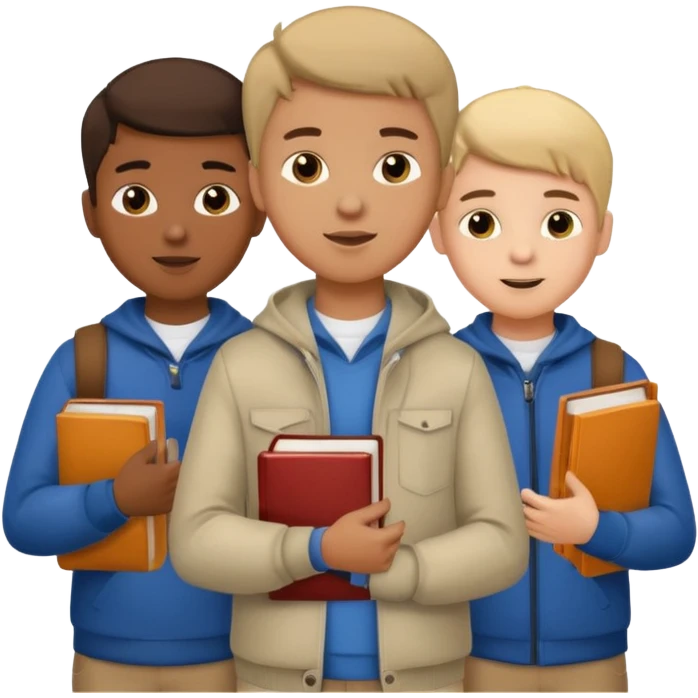 generate a group of 3 boys, all different looking.Holding books. one of them calling on a mobile emoji