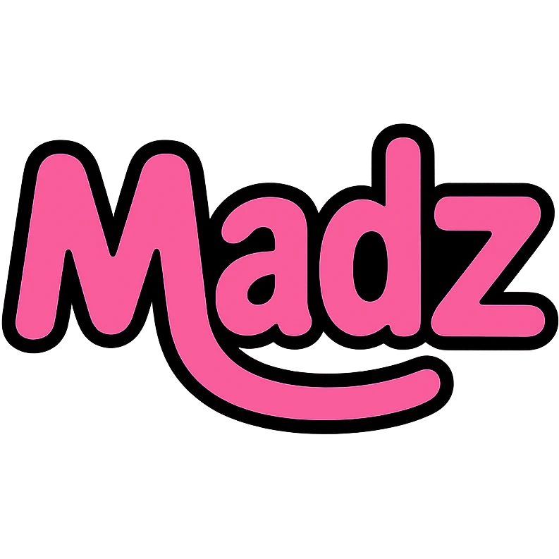 pink logo with the word 'Madz' in a playful, rounded font, emphasizing fun and approachability emoji