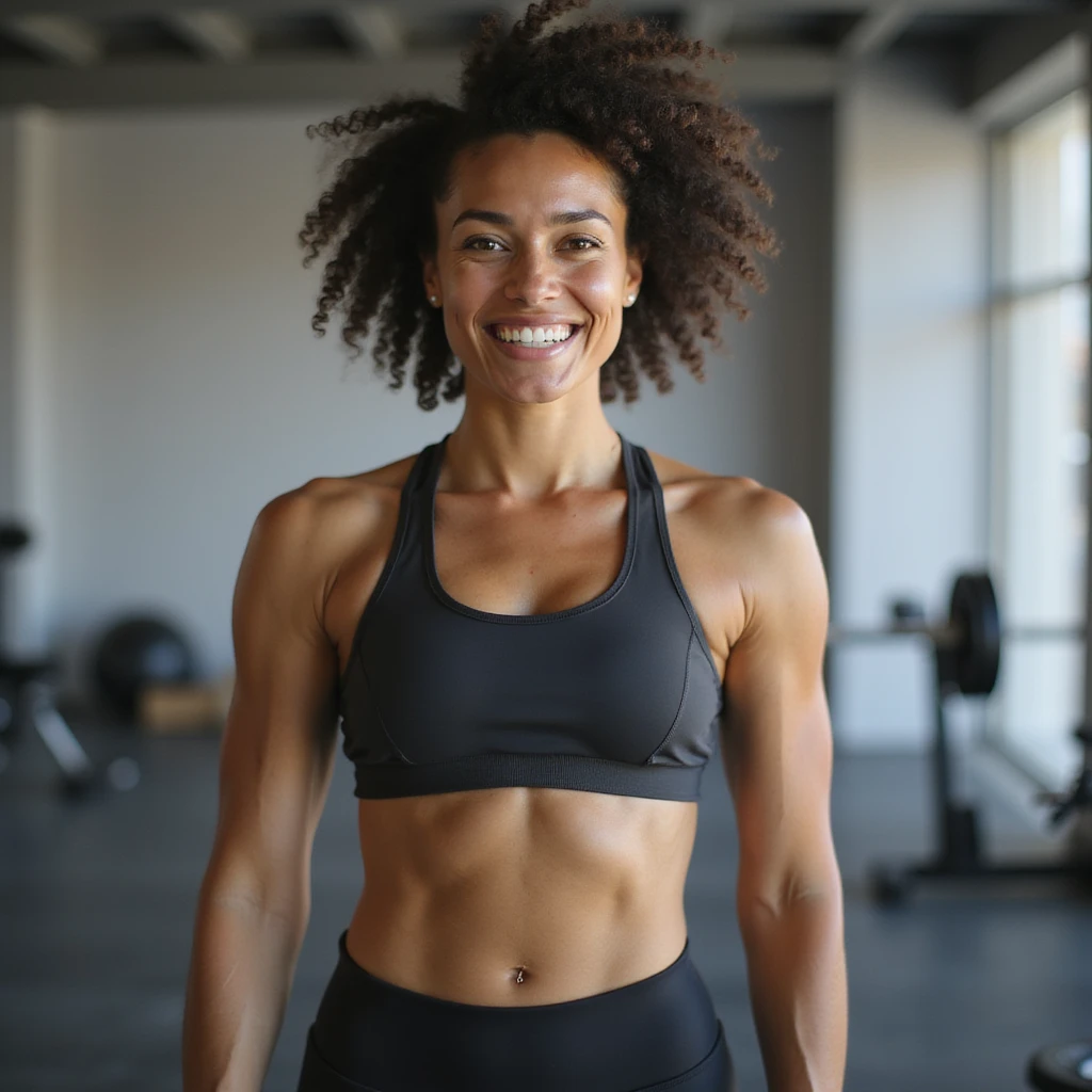 hyperrealistic 4K image of a woman showing fitness progress with a confident pose, athletic physique, satisfied smile, wearing sportswear emoji