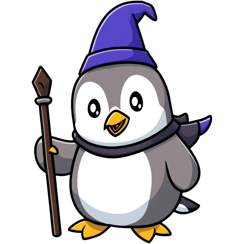 a penguin wizard with a staff and hat emoji