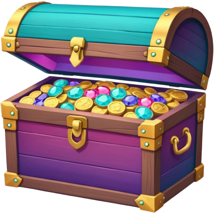 wooden treasure chest filled with coins pack in gradient of turquoise, blue, pink, purple, and coral color and jewels emoji