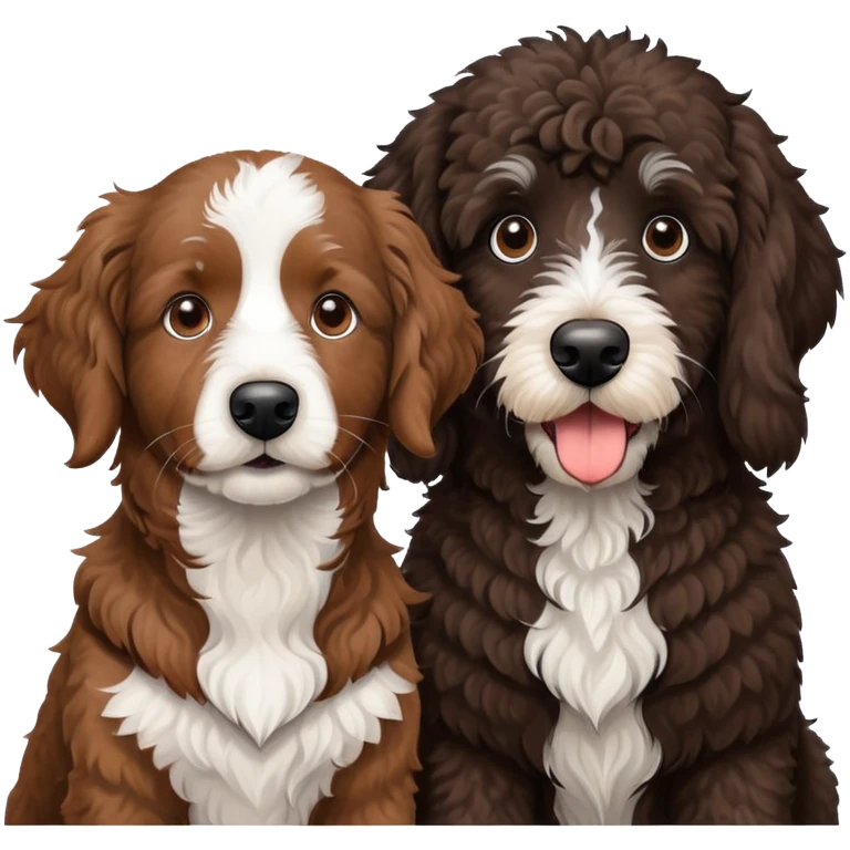 2 dogs, one is a brown Aussie doodle. the other is a black Berenedoodle with white eyebrows . Make both same size emoji