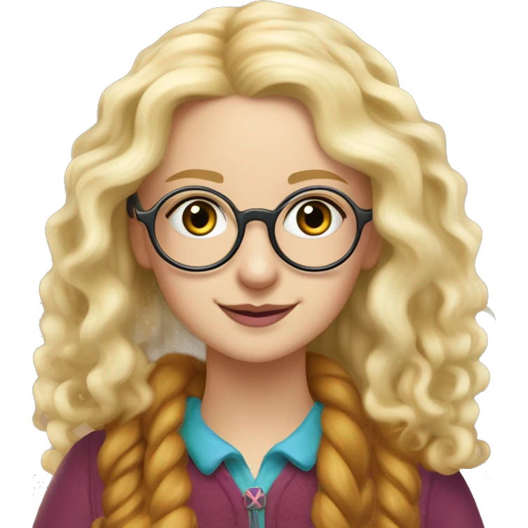 Generate Luna Lovegood a witch with long, wavy blonde hair. wearing round, radish-shaped glasses and a quirky outfit with a mixture of colors. Add a Luna Lovegood-inspired accessory like a butterbeer cork necklace,  emoji