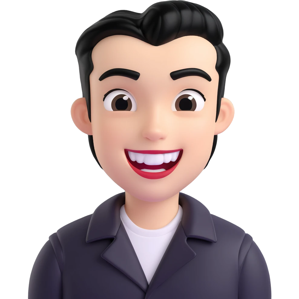 white tooth with slicked-back black hair, shiny gel, classic greaser style, playful expression emoji