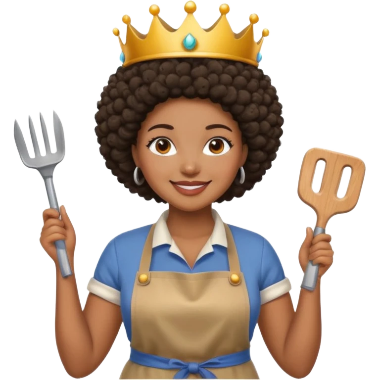Mujer curvy afro, con vestimenta cómoda y delantal,con una corona sobre su cabeza y sonrisa contagiosa. En la mano herramientas de trabajo pesado emoji