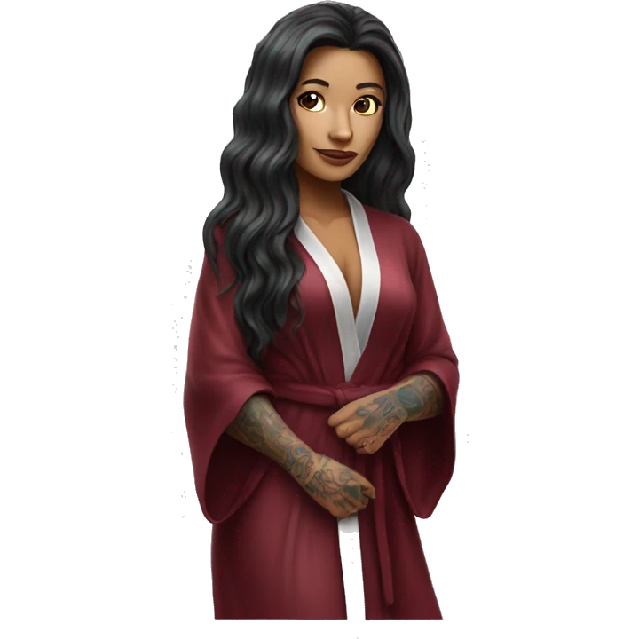 Beautiful tattooed burgundy long haired woman in silk robe emoji