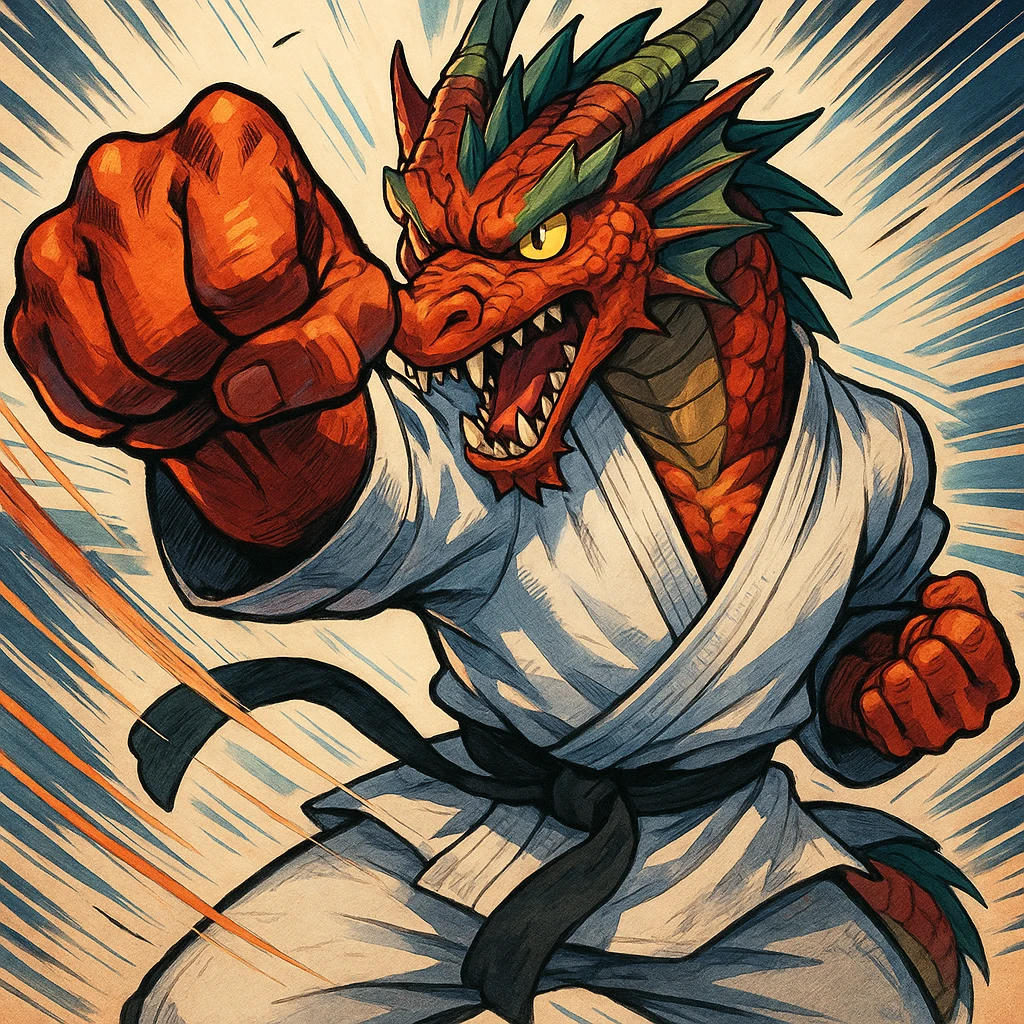 a fierce dragon in a karate gi, mid-punch, energetic, anime-inspired style emoji