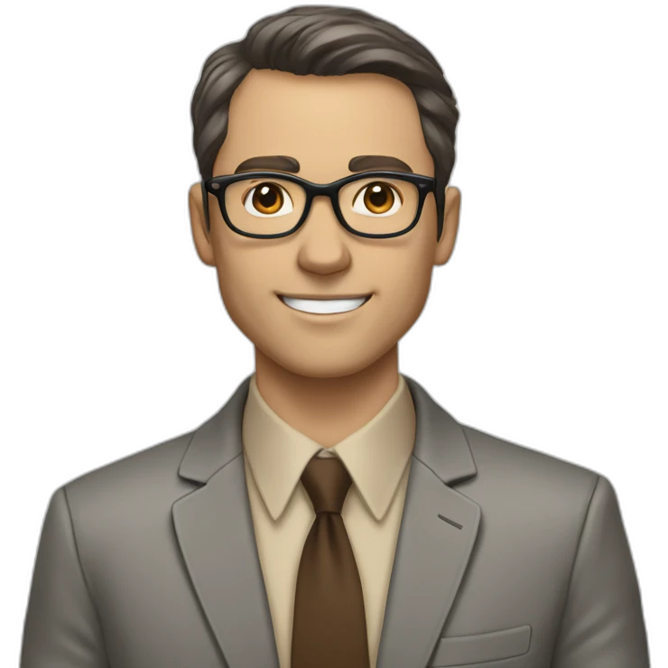 in front of a marker board Pale skinned fit man with dark brown hair in gray jacket, beige office shirt, brown tie, brown pants and vintage glasses. emoji