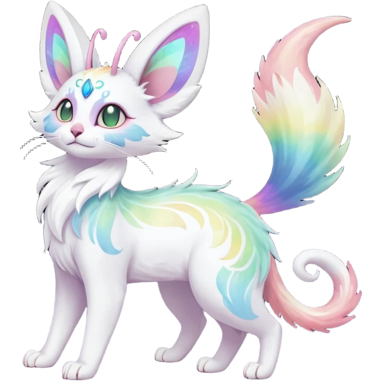 Pure-snow-White albino iridescent with pastel rainbow-gradients-color-markings with swirly patterns butterflies  faerie-Noivern-Noibat-Purloin-Torracat-Lykoi-Caracal-cat-Fakemon-fusion-hybrid-creature emoji