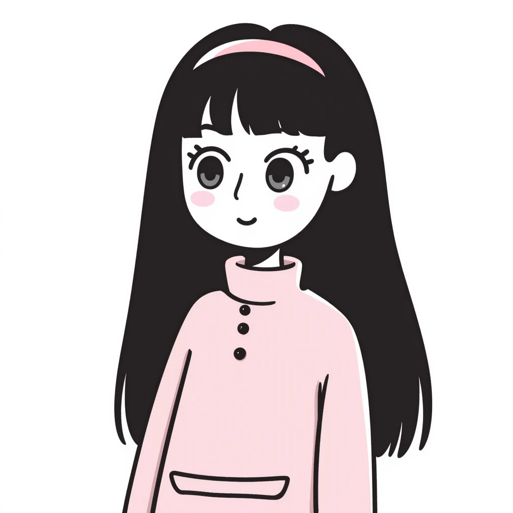 pale girl with straight long black and baby pink swirled hair with bangs, grey eyes, doll-like makeup, wearing a light pink lolita hime gyaru dress, doodle style emoji