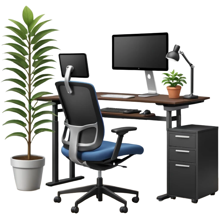An ergonomic office setup with a height-adjustable desk and a large flat monitor on top. Next to it, a modern ergonomic swivel chair with supportive backrest, and a small potted plant placed on the desk or floor to add a healthy touch emoji