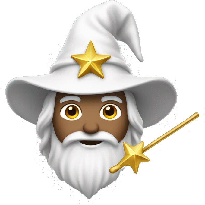 A wizard whose clothes are white and with gold decorations, whose hat is white and whose magic wand has a star at the tip.  emoji
