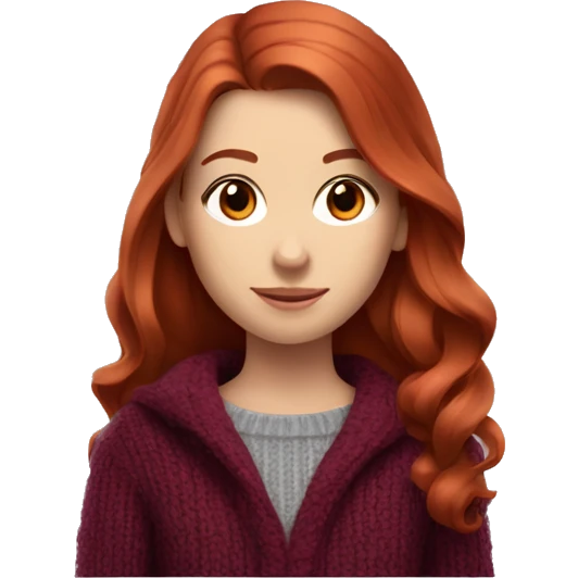 redhead girl with grey eyes with long hair and Dyson styling in a burgundy sweater and a rat on her shoulder emoji