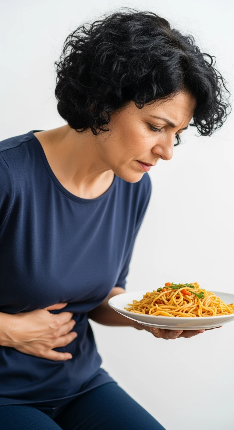 donna con gonfiore addominale e mal di pancia mentre tiene in mano un piatto di pasta, isolata su sfondo bianco emoji