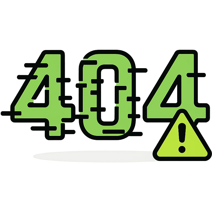 Edit the 404 icon in neon green and black in color outline icon style. Add a glitch effect. Add a warning triangle. Make the numbers more glitchy. Add a shadow effect. emoji