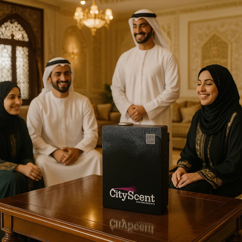 Place this exact CityScent air freshener machine on a table inside a very luxurious house. Show a family wearing traditional Arabic clothing sitting or standing around the table, looking happy and relaxed, enjoying the scent. The style should be realistic and elegant, with a focus on the luxury of the home and the comfort of the family. emoji