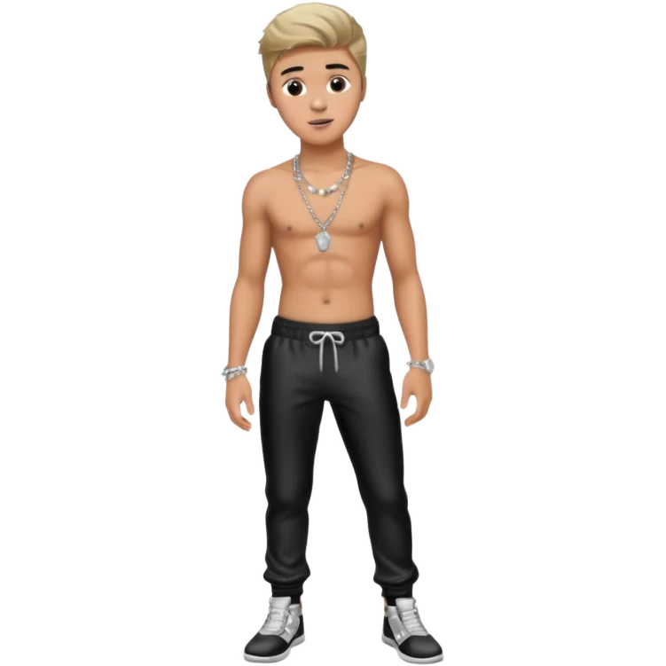 Justin Bieber with metallic black pants, shirtless with necklace emoji