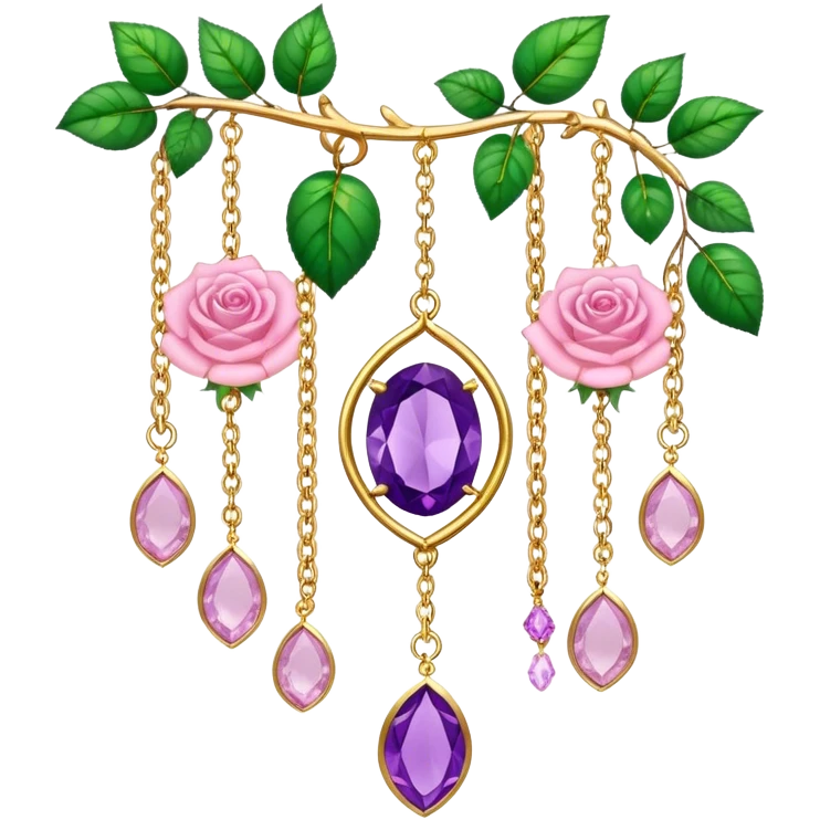 Hanging suncatcher, gold chains with shiny sparkly amethyst and rose-quartz gemstones, roses, beautiful leaves, gorgeous aesthetics emoji