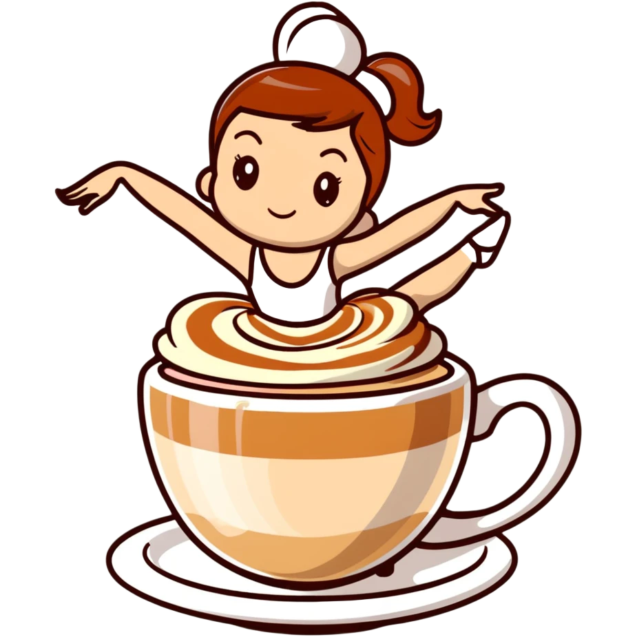 Cute ballerina dancing on top of a cappuccino cup, with cream and cinnamon swirls emoji